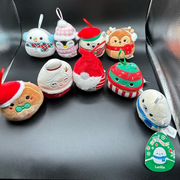 Squishmallows 9 Holiday Ornament Bundle Lucille Mrs Santa Penguin Ear Muffs - Picture 2 of 9